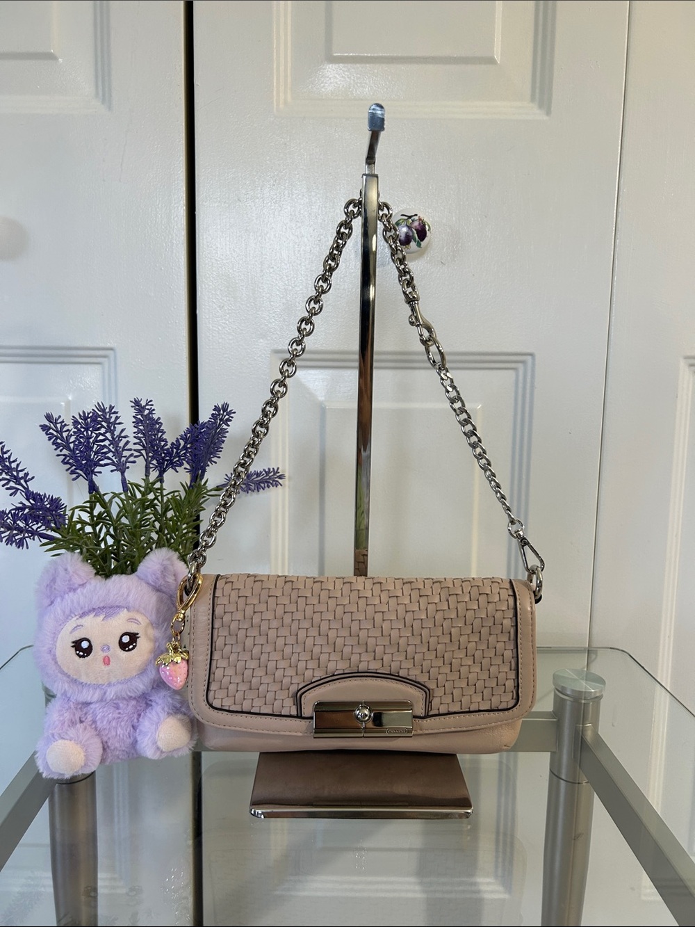 Coach Vintage Woven Leather Shoulder Bag in Blush Taupe with Silver Chain